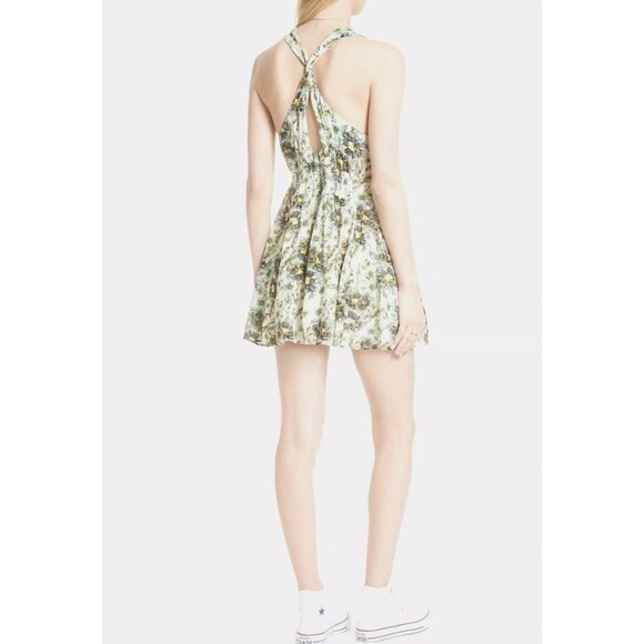 Free People Ivory/Green Floral Crinkled Boho Mini Dress - “Washed Ashore”  Small - Picture 2 of 6